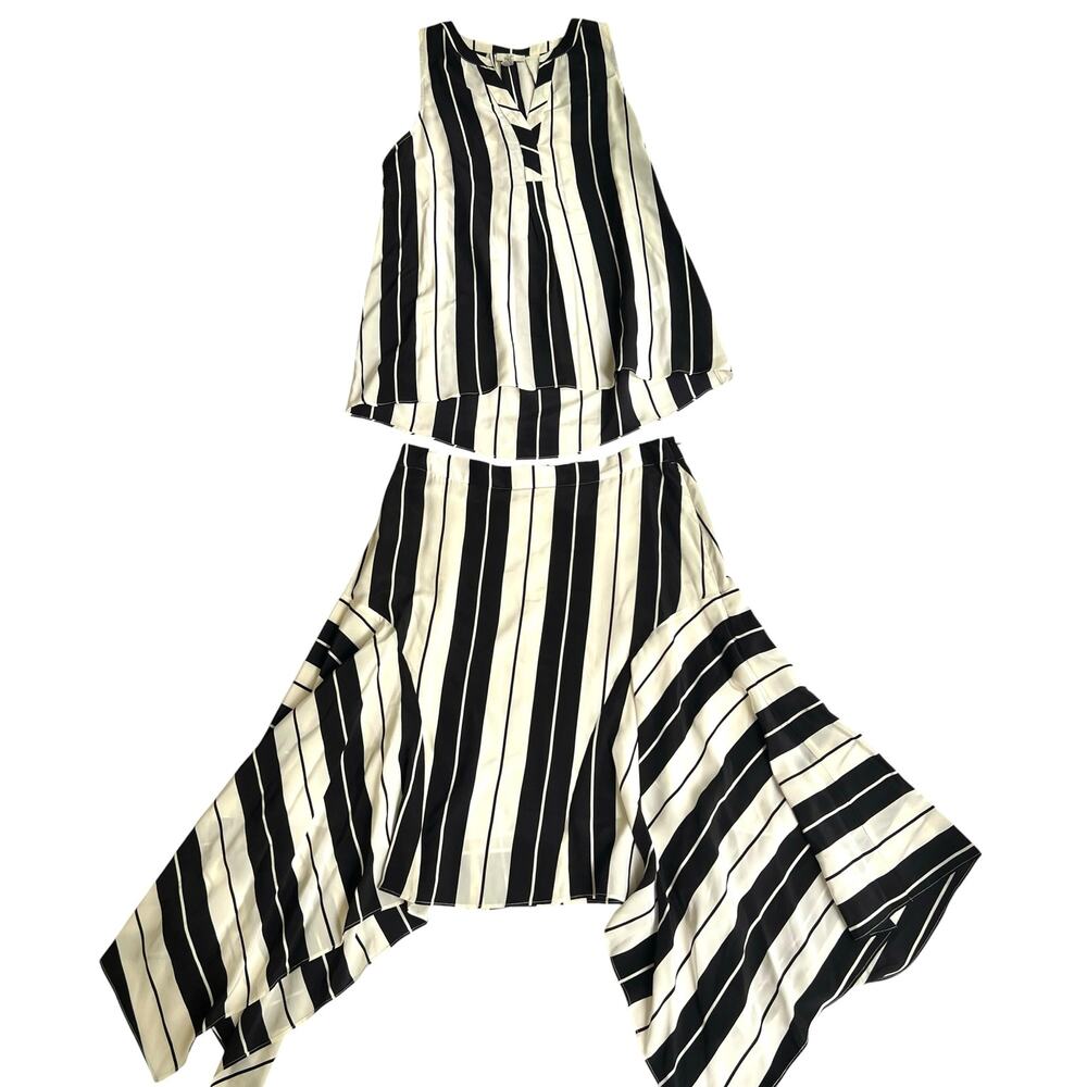 Joie Silk Striped Top & Handkerchief Skirt Set Black Ivory S/8 Retail $495